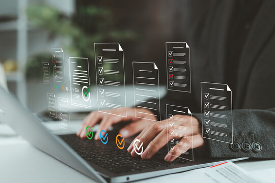 Procurement manager organizing workflow documentation including contracts, purchase orders, bids and compliance records to track costs and improve efficiency in B2B purchase management.