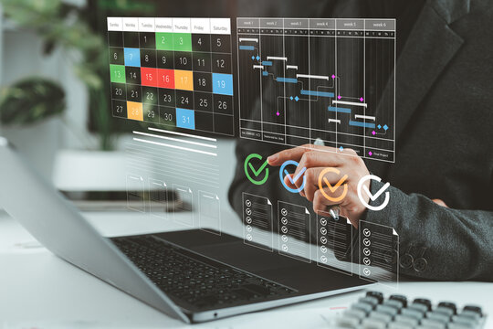 Businesswoman manage project timelines on digital Gantt charts, task tracking, workflow planning tools, focusing on efficiency, scheduling, and effective project management technology.