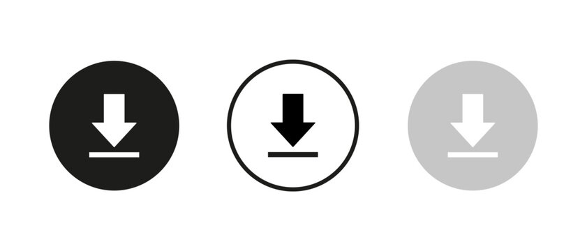 Download icon set, black circle arrow symbol vector for digital file save install and website UI UX interface