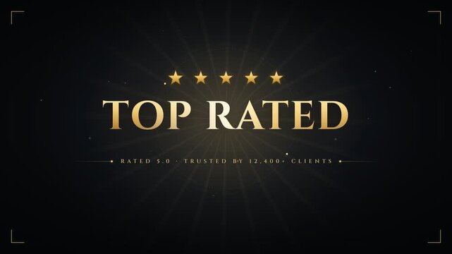 Golden top rated badge animation with five stars on dark background for commercial use