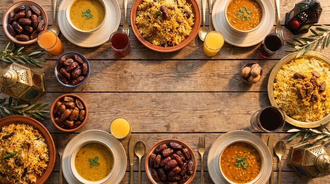 Ramadan iftar table spread with biryani, soup, dates and traditional lanterns on a wooden background