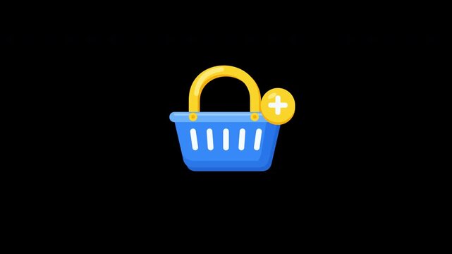Set of animated shopping basket icons with a plus sign and package. Features a seamless loop and transparent background with alpha channel for overlay.