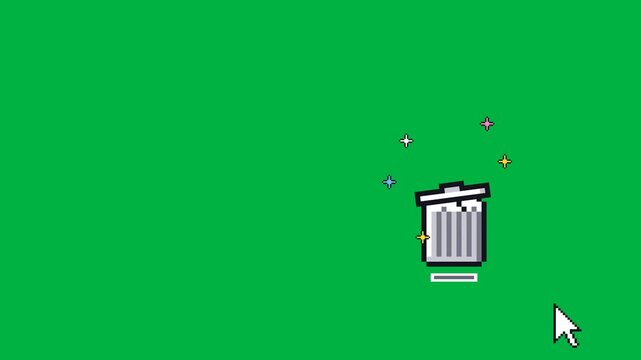 Retro document icon slides into a bouncing trash bin against a keyable green screen