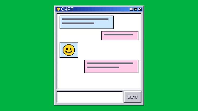 Retro chat window displays popping message bubbles, typing dots and a sticker on green screen
