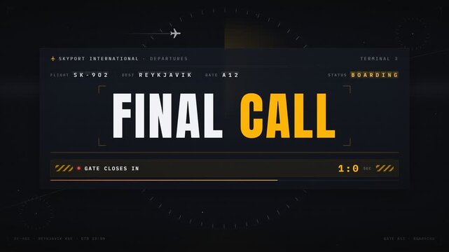 Airport final call departure board animation with countdown timer and flight status