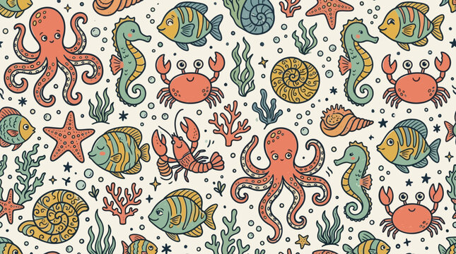 Colorful underwater sea creatures retro pattern with octopus seahorse fish crab starfish