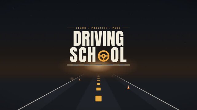 Driving School Promotional Typography Animation With Car Road And Traffic Cones