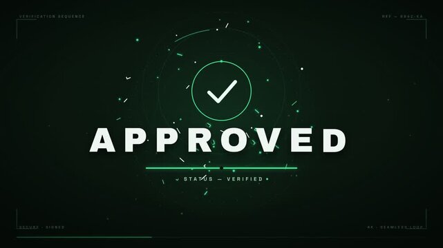 Futuristic digital verification approved seal with checkmark and security data hud