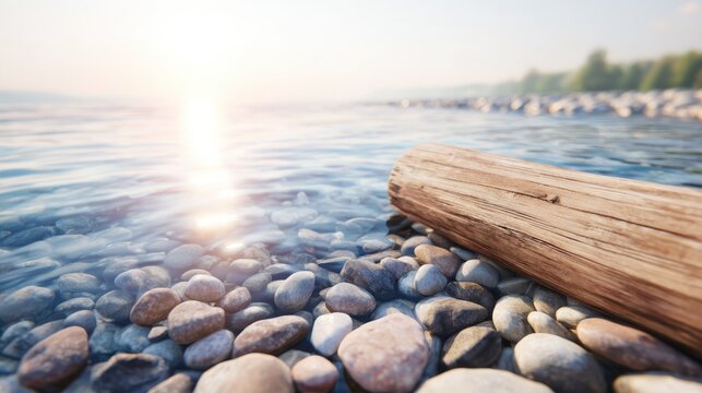 Calm river water with sunset light, stones and driftwood, peaceful nature and serenity concept