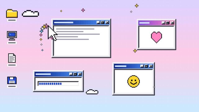 Y2K inspired desktop windows and pixel icons drift across a seamless retro background loop
