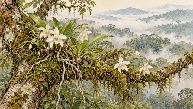 Epiphytic Orchids Nestle in a Branch Fork Above a Cloud Forest