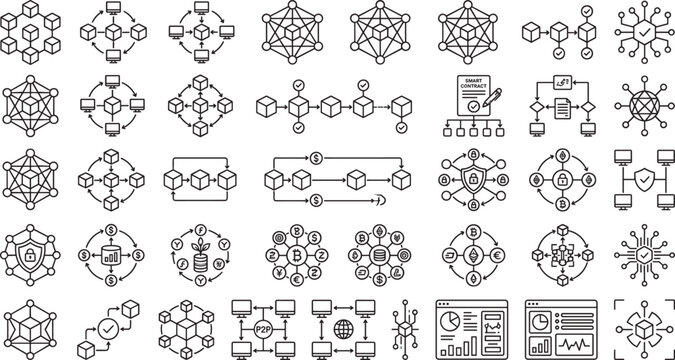 Cryptocurrency security and blockchain protection line icon set featuring bitcoin wallets decentralized finance shield defense and digital asset safety icons