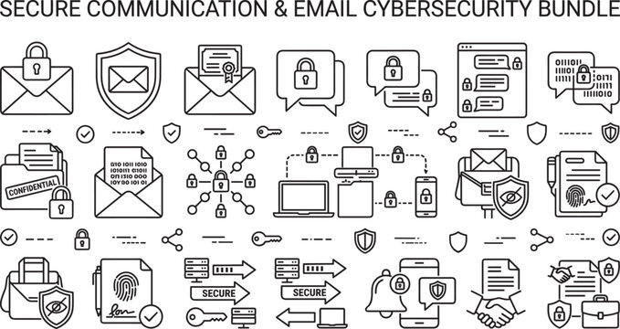 Secure communication and email cybersecurity bundle line icon set featuring encrypted messaging data privacy file protection and network transmission concepts