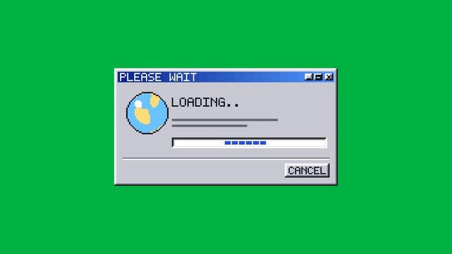 Pixel globe spins beside animated loading dots in a seamless retro wait dialog loop
