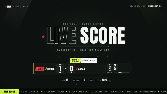 Football match center live score scoreboard overlay graphic with statistics