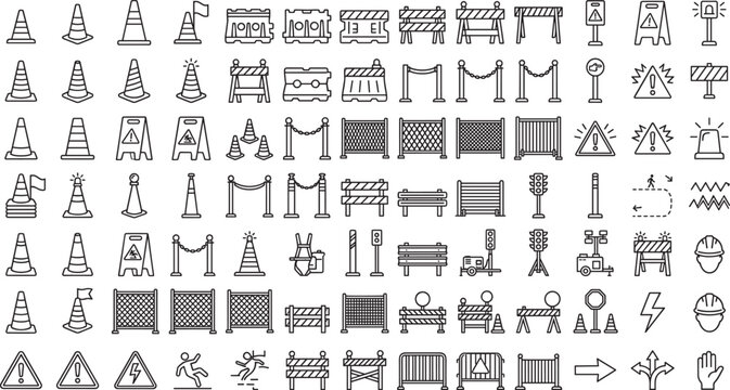 Traffic cone and road construction barrier line icon set featuring safety signs warning signals fences and street maintenance hazard markers