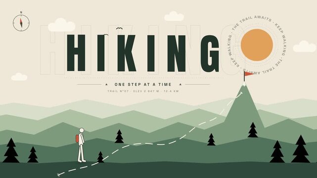 Flat vector animation of a hiker walking through mountain landscape with hiking typography