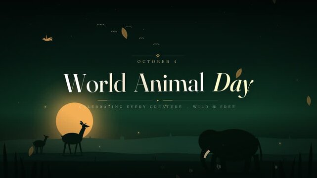 World Animal Day celebration wildlife flat vector animation with sunset scenery