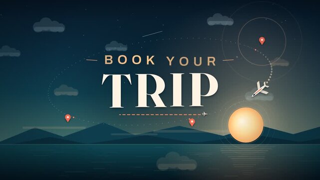 Animated Travel Landscape Vector Illustration with Airplane Flight Path and Sunset Scenery