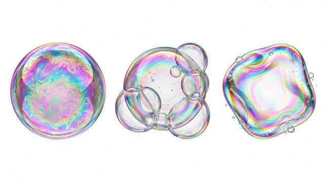 Three iridescent soap bubbles with swirling rainbow colors, spherical and irregular shapes, isolated on a clean white background