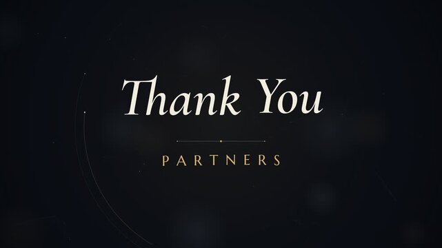 Elegant gold Thank You Partners text animation on dark background with subtle light particles