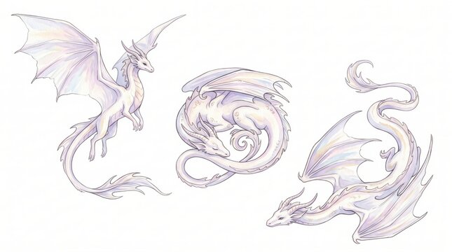 Three iridescent white dragons in different poses, including flying, curled, and descending, illustrated in a delicate fantasy style