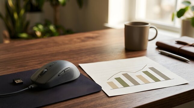 Dark computer mouse on desk pad near growth chart paper on wooden table
