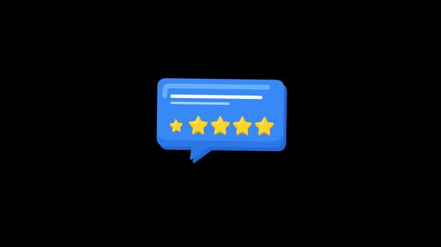 Animated blue chat bubble with five yellow stars for customer feedback. Seamless loop animation with alpha channel for transparent background overlay.
