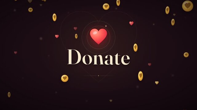 Donate text animation with floating golden coins and hearts on dark background