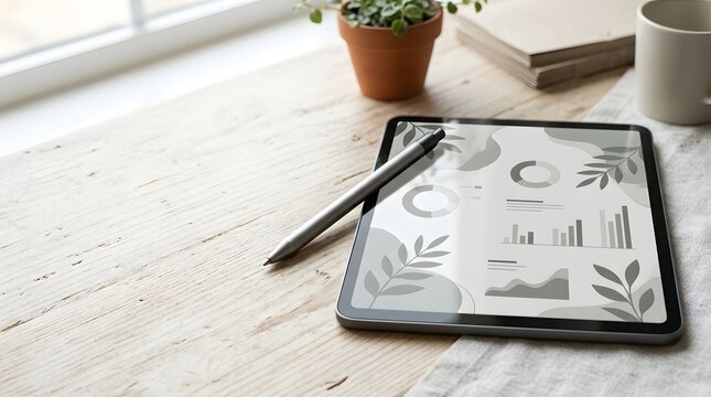 Digital tablet showing business data charts on wooden desk surface