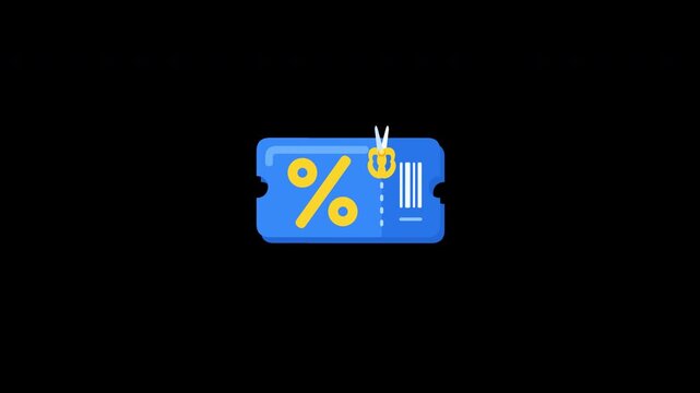A blue discount coupon with a percentage symbol and barcode icon in a seamless loop animation. This transparent video with an alpha channel is ideal for e-commerce and retail overlays.