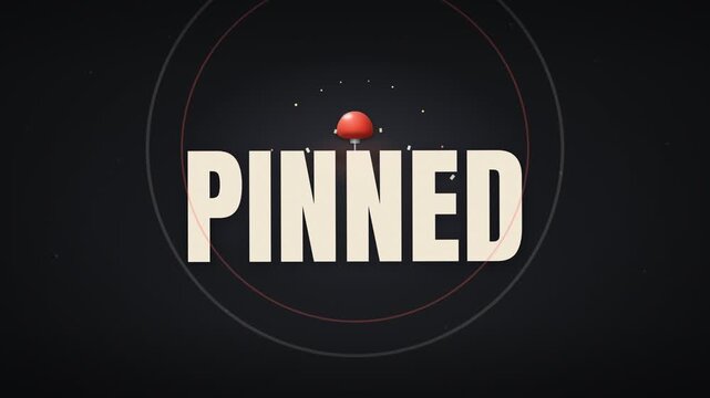 Minimalist pinned title text animation with dynamic red pushpin dropping on dark background
