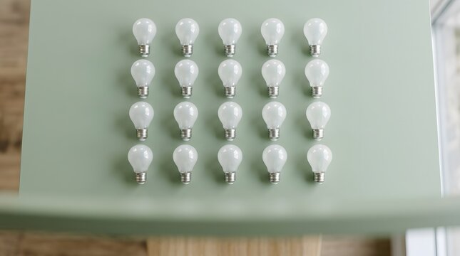 Grid of twenty identical white light bulbs arranged on sage green surface