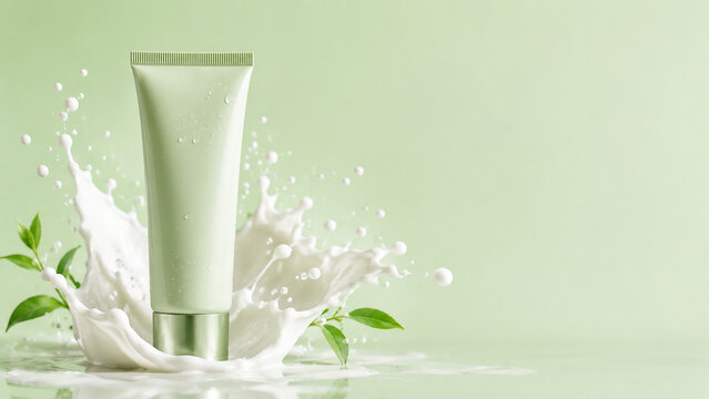 Cosmetic Cream Tube Container with Fresh Milk Splash and Green Botanical Leaves