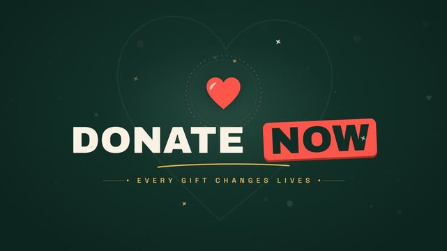 Donate now charity motion graphics animation with red heart and glowing stars