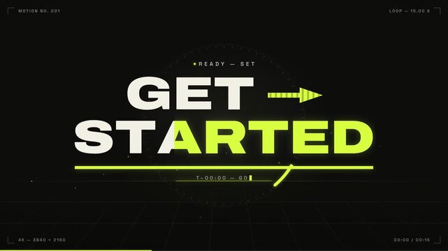 Futuristic motion graphic get started screen with HUD elements and looping animation