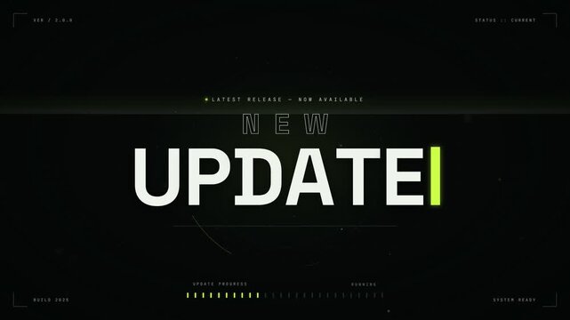 Futuristic dark software update notification HUD interface with progress bar and typography