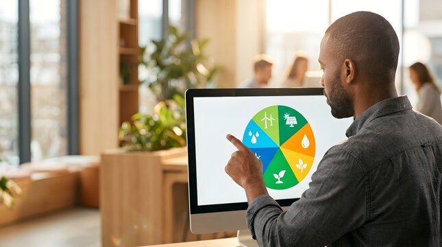 Man pointing at sustainability cycle chart on computer screen