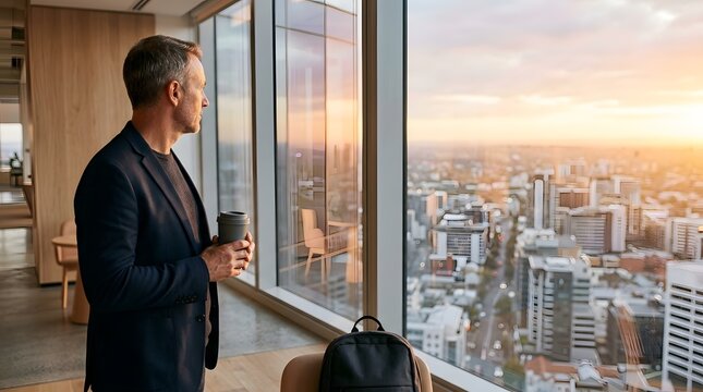 Mature businessman looking at a city skyline during a golden sunset