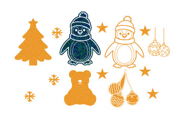 Cute christmas penguin set with gold glitter tree and bear decorations for festive seasonal holiday projects © Resmi