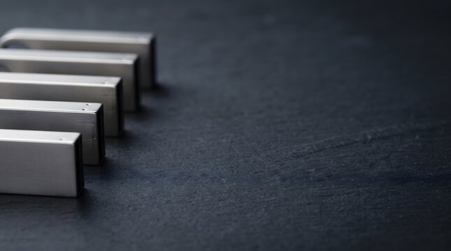 Silver Metal USB Flash Drives Aligned in Row on Black Slate Desk
