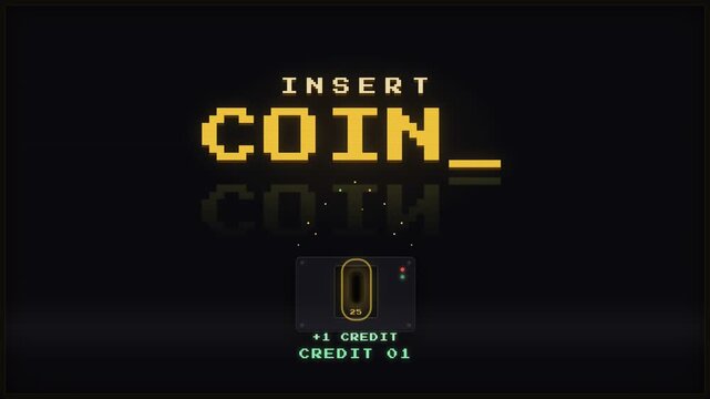 Pixel art arcade game screen animation with coin insertion slot and glowing interface