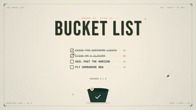 Interactive bucket list checklist animation with dream big goals and checkmark graphics