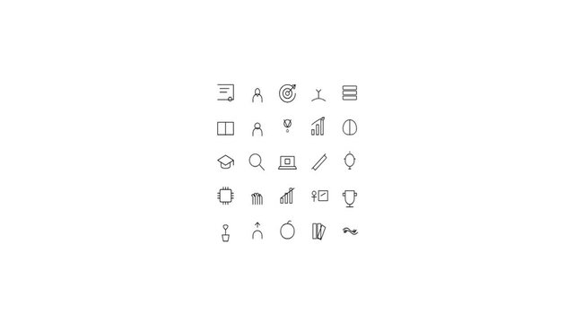 Animated grid of education and business line icons on white background. Motion graphics set featuring graduation cap, book, and graphs for e-learning, corporate training, and digital marketing.