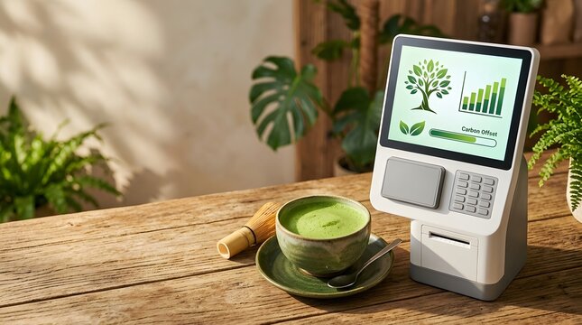 Modern checkout kiosk displaying carbon offset data and matcha tea