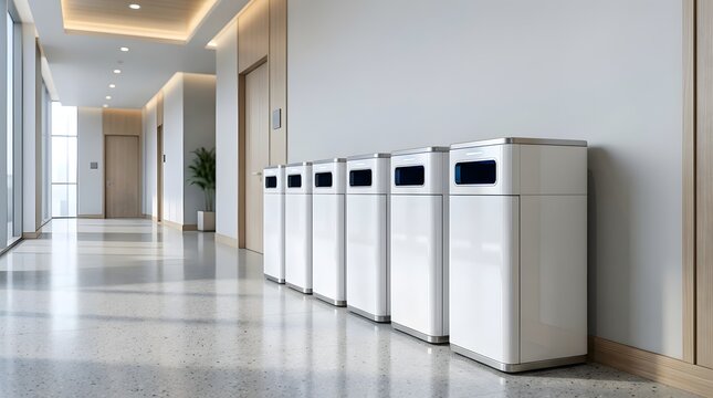 Modern recycling bins lined up in a bright minimalist office corridor