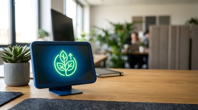 Neon green eco sign on desk monitor in modern workspace
