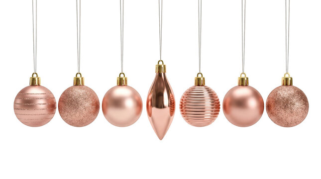 Set of seven rose gold christmas baubles hanging on strings isolated on transparent background