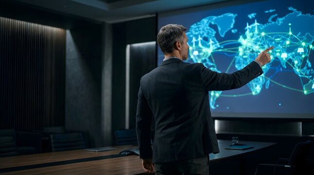 Professional Man Pointing at Global Energy Map Projection in Office
