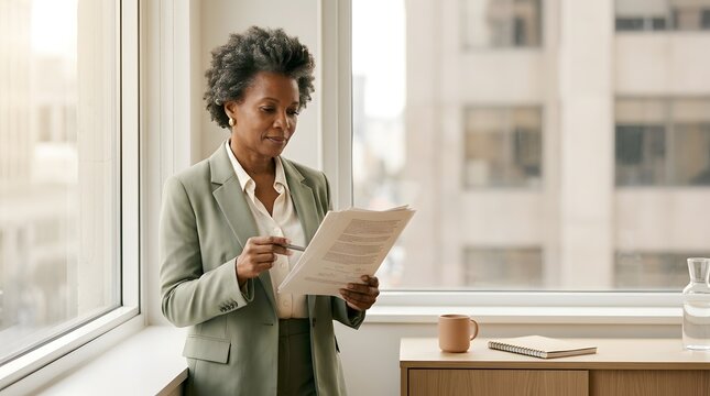 Professional woman reading business documents near office window